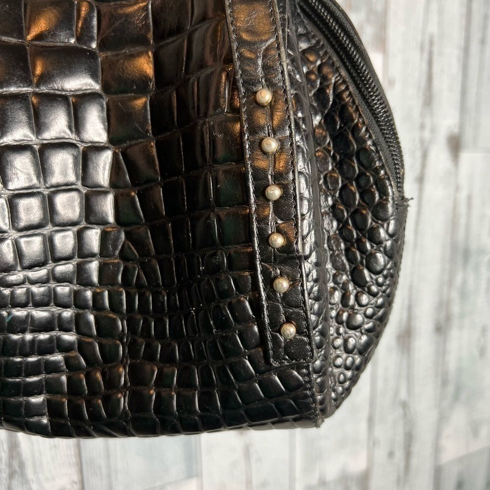 Rodo Vintage Black Croc Embossed Leather Studded Bowler Bag Classy Luxurious - Picture 3 of 9